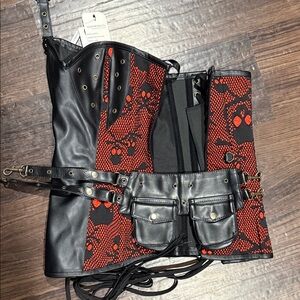 Charmian Red & Black Skull-Print Faux Leather Waist Cincher Corset